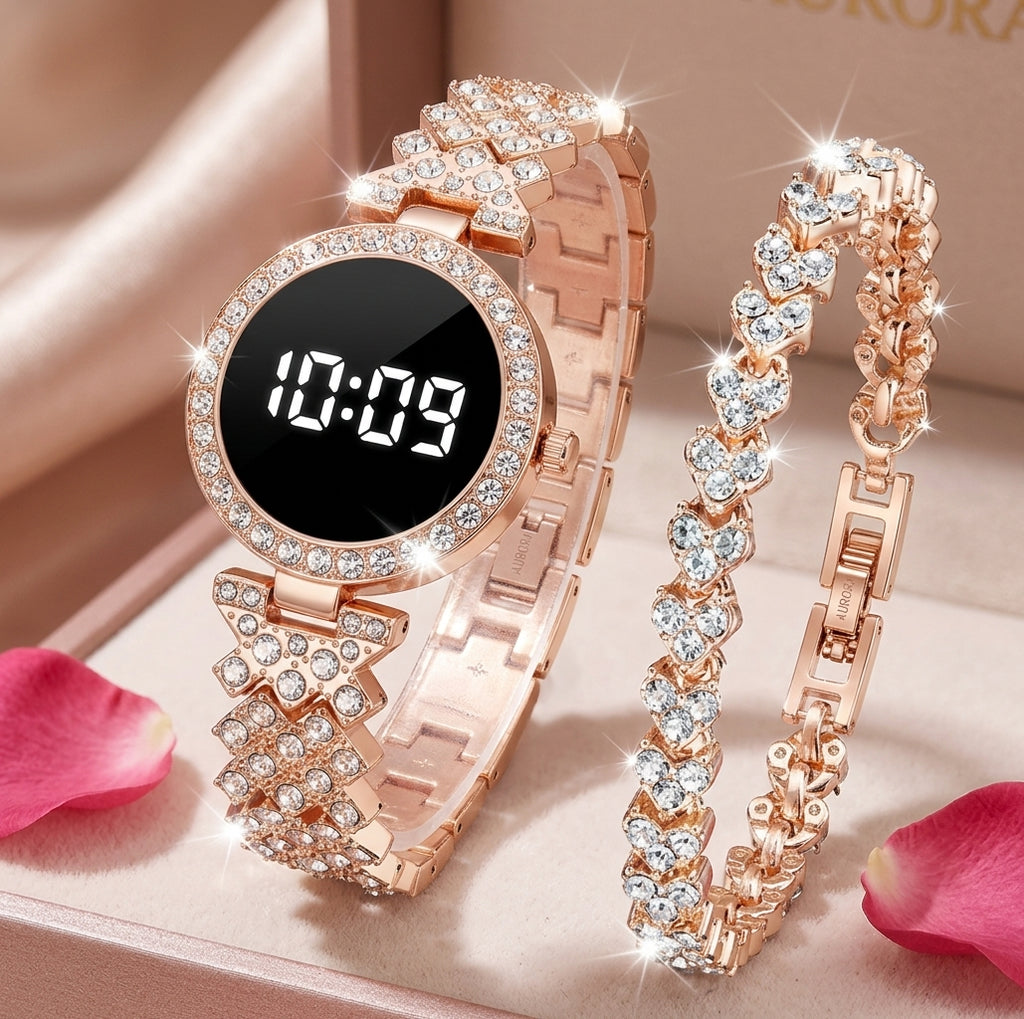 Diamond-Style Digital Watch & Bracelet Set