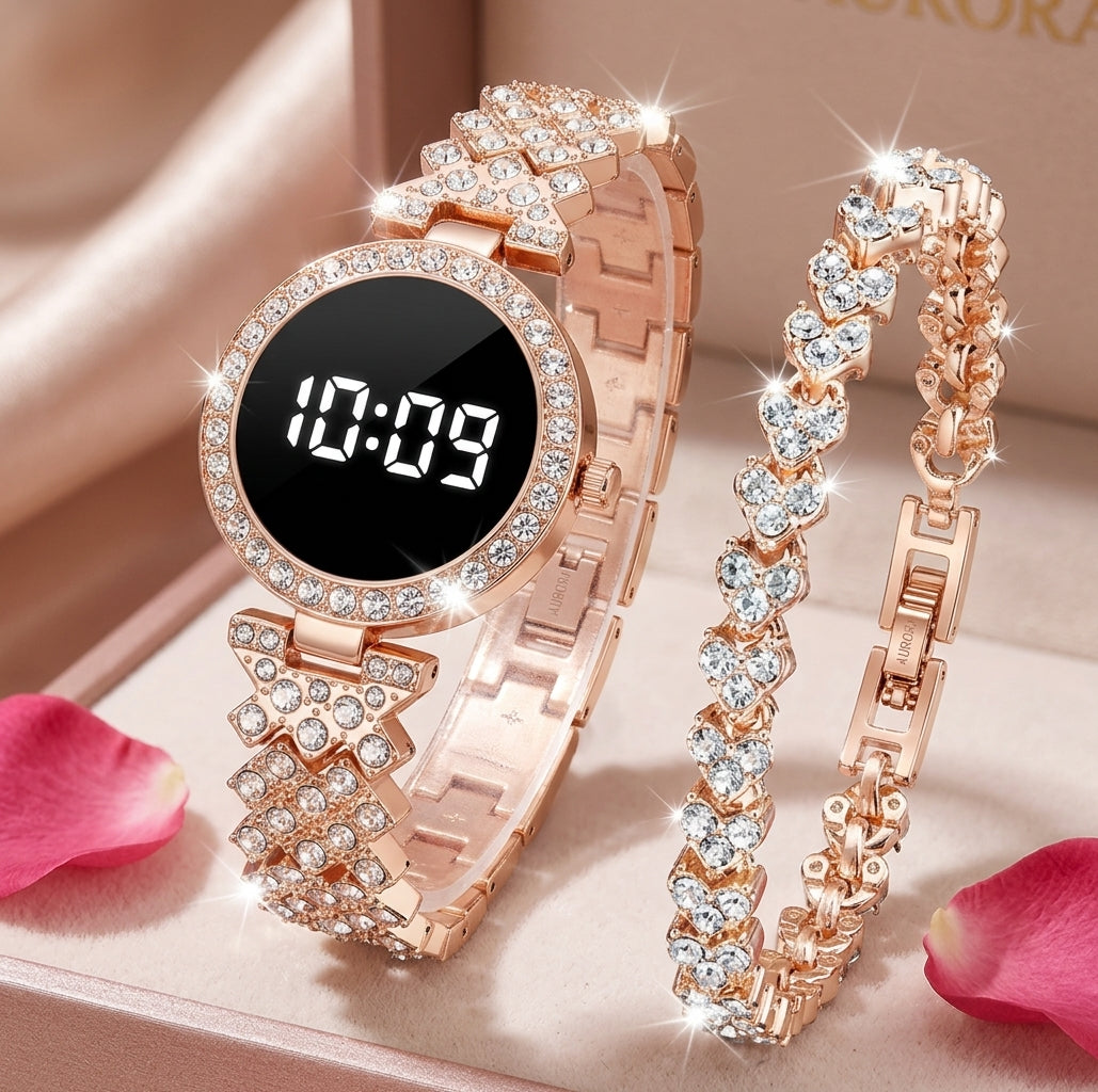Diamond-Style Digital Watch & Bracelet Set