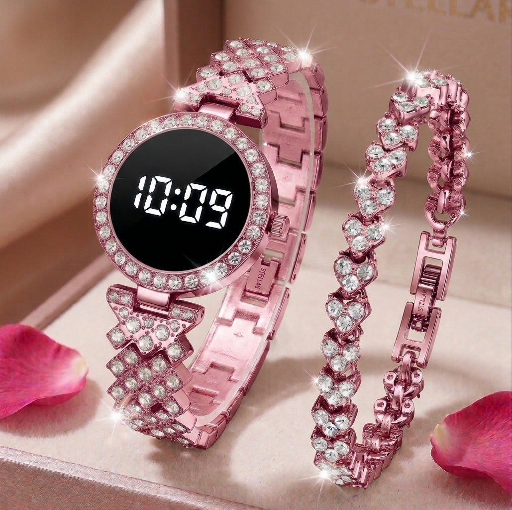 Diamond-Style Digital Watch & Bracelet Set