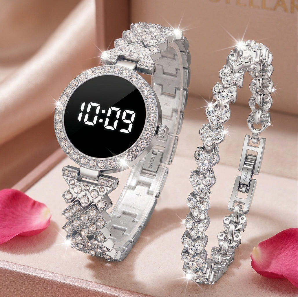 Diamond-Style Digital Watch & Bracelet Set
