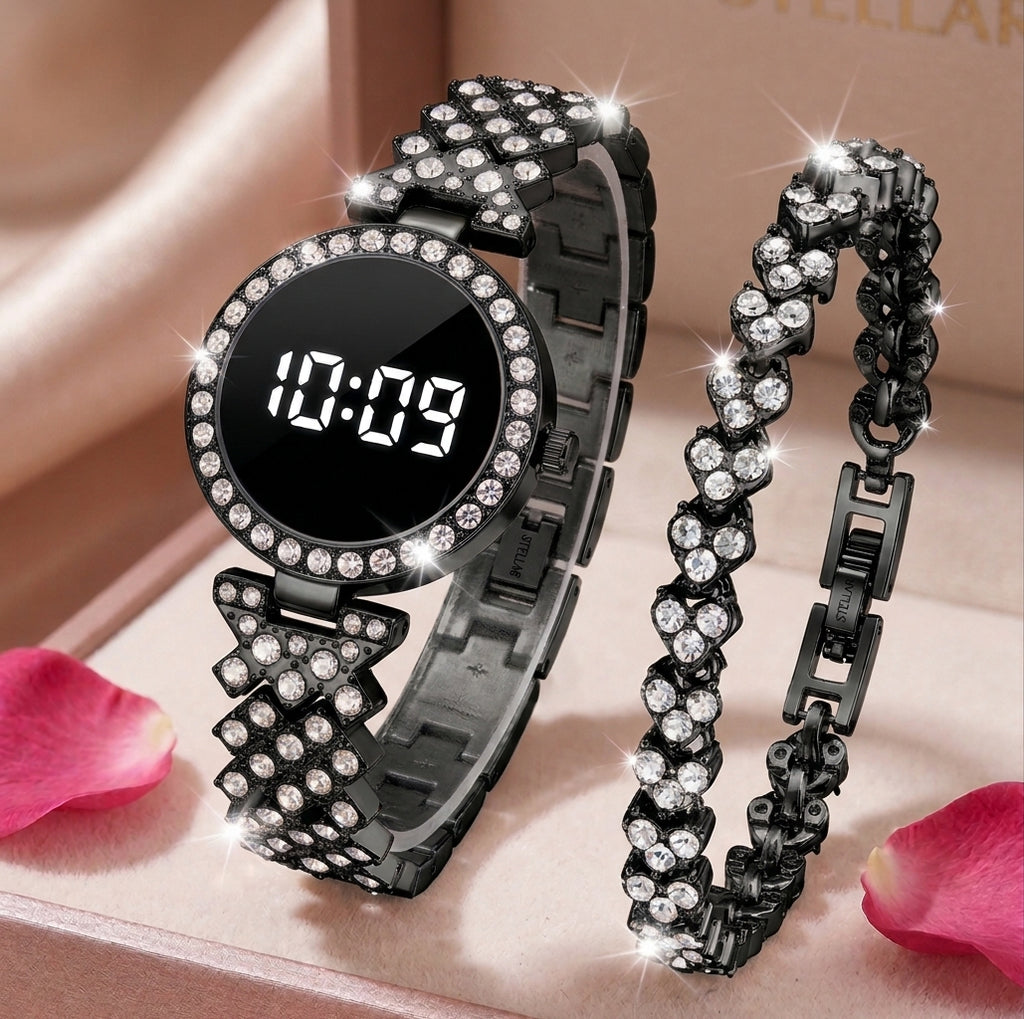 Diamond-Style Digital Watch & Bracelet Set